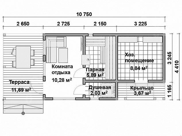 Каркасная баня 10,75х4,41 «Баня 39»